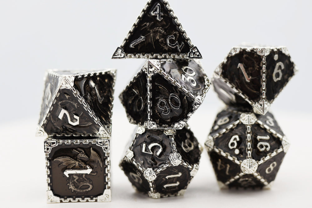 Chained Dragon: Silver Void - Metal RPG Dice Set Metal Dice Foam Brain Games