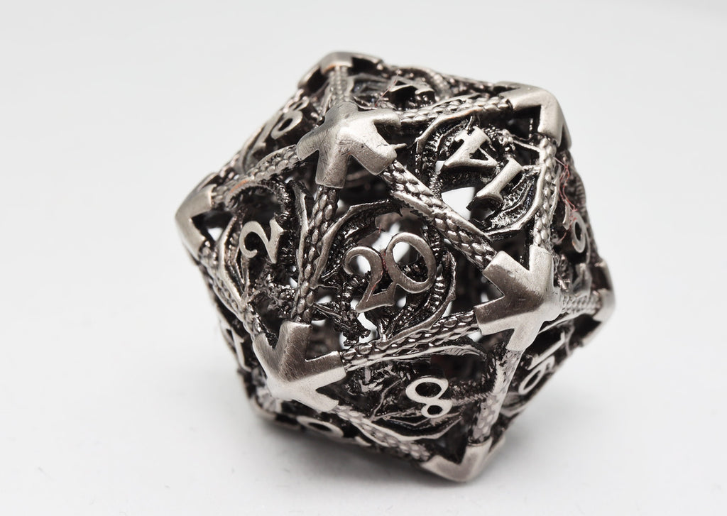 Bound Dragon: Silver - Hollow Metal RPG Dice Set Metal Dice Foam Brain Games