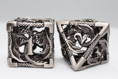 Chained Dragon: Silver - Hollow Metal RPG Dice Set Metal Dice Foam Brain Games