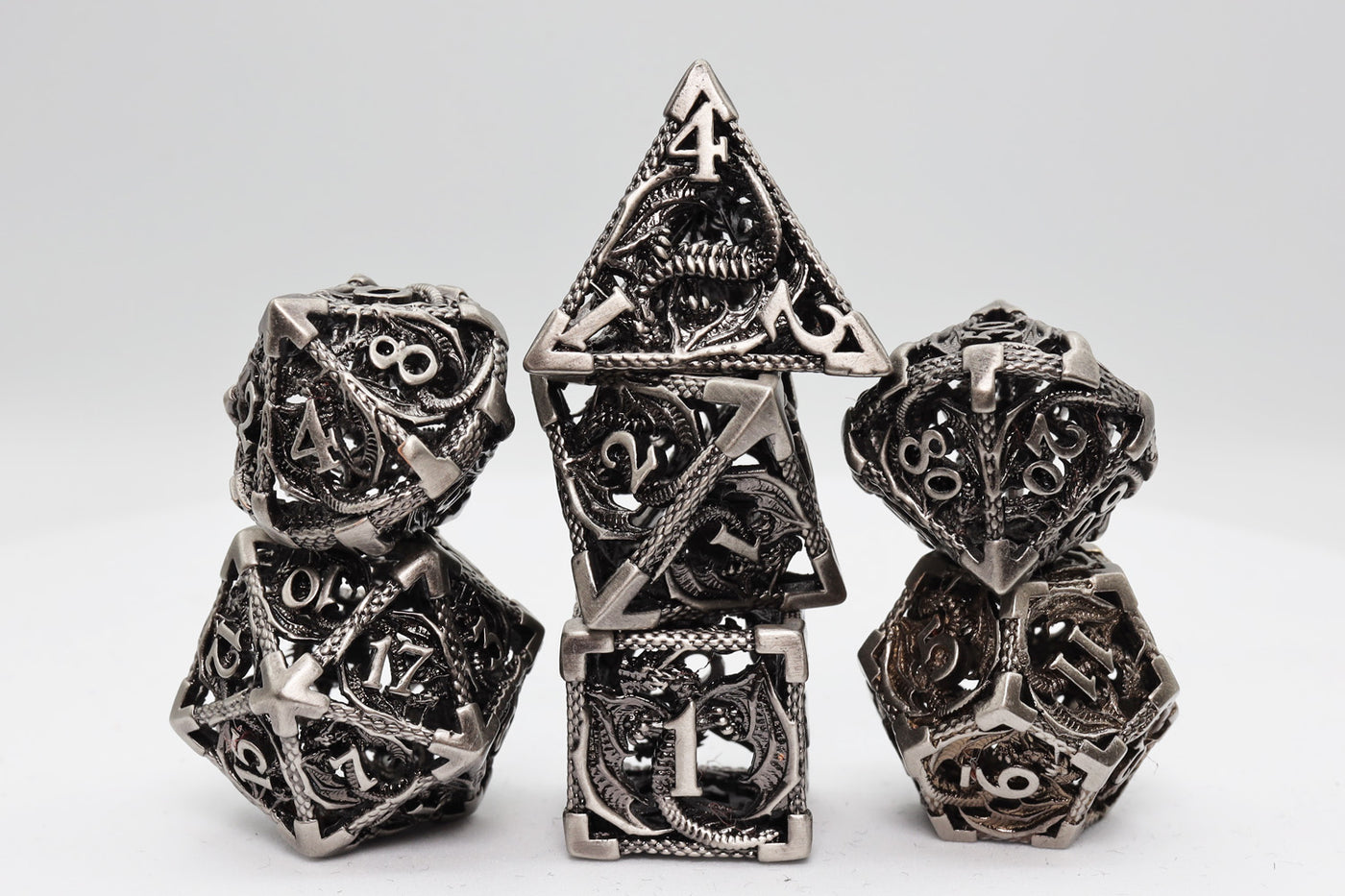 Chained Dragon: Silver - Hollow Metal RPG Dice Set Metal Dice Foam Brain Games