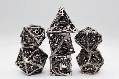 Chained Dragon: Silver - Hollow Metal RPG Dice Set Metal Dice Foam Brain Games