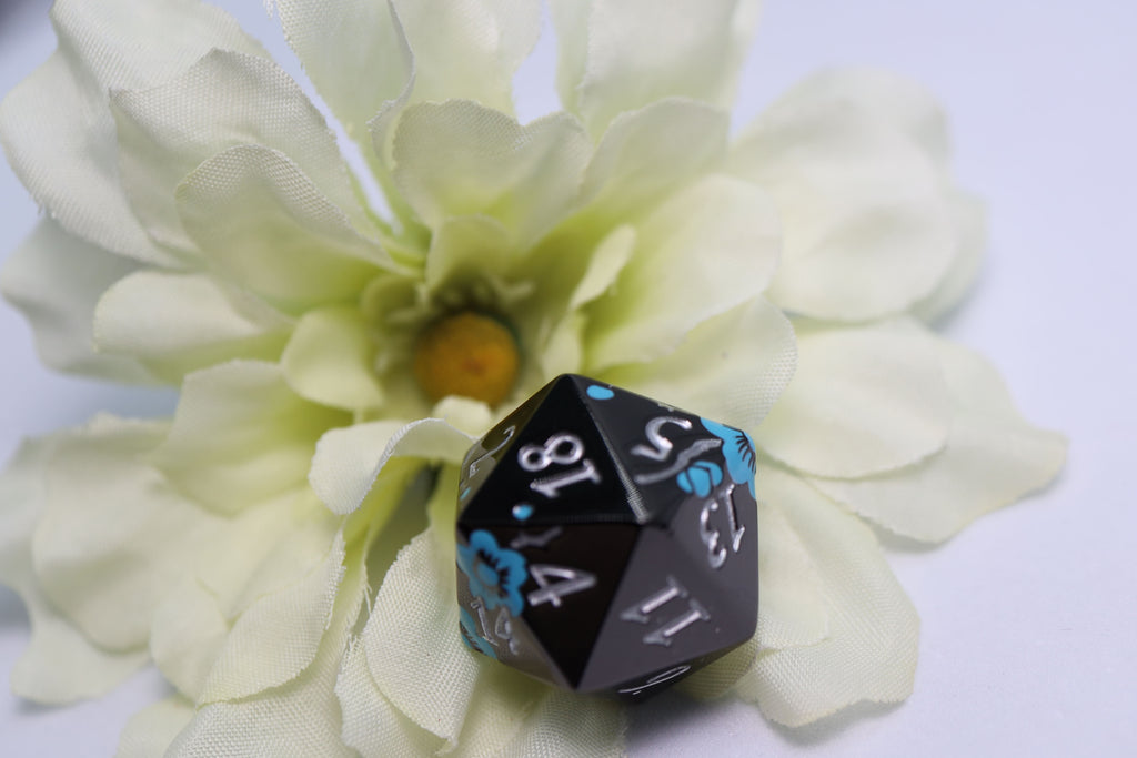 Metallic Bouquet: Black with Blue Orchids - Metal RPG Dice Set Metal Dice Foam Brain Games