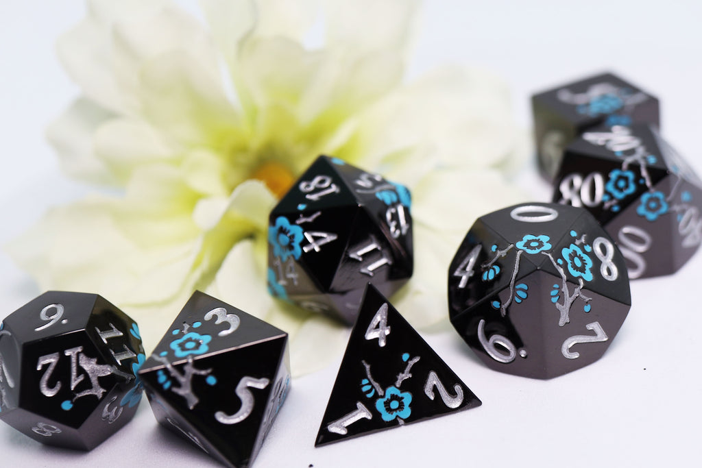 Metallic Bouquet: Black with Blue Orchids - Metal RPG Dice Set Metal Dice Foam Brain Games