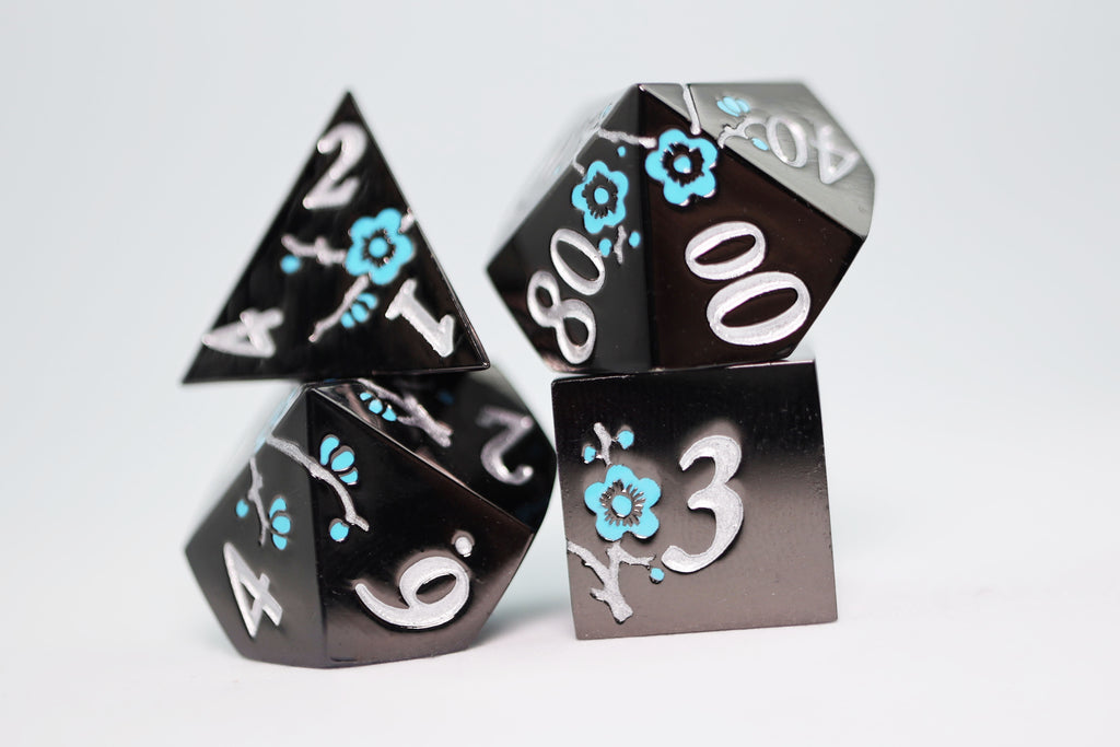 Metallic Bouquet: Black with Blue Orchids - Metal RPG Dice Set Metal Dice Foam Brain Games