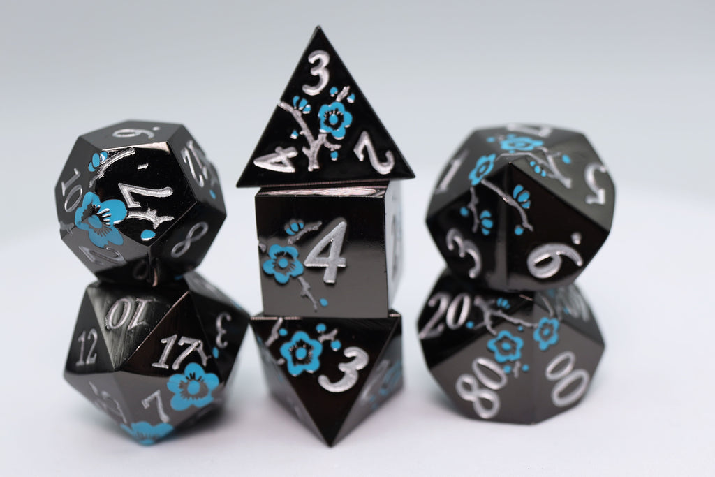 Metallic Bouquet: Black with Blue Orchids - Metal RPG Dice Set Metal Dice Foam Brain Games