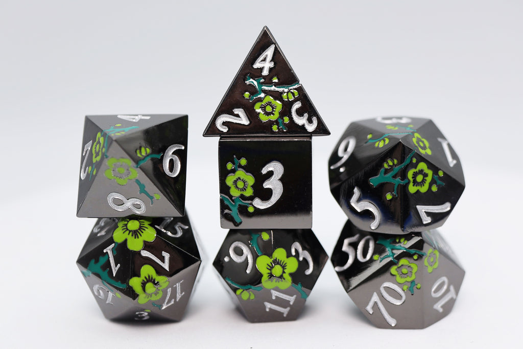 Metallic Bouquet: Dark Green Hellebore - Metal RPG Dice Set Metal Dice Foam Brain Games