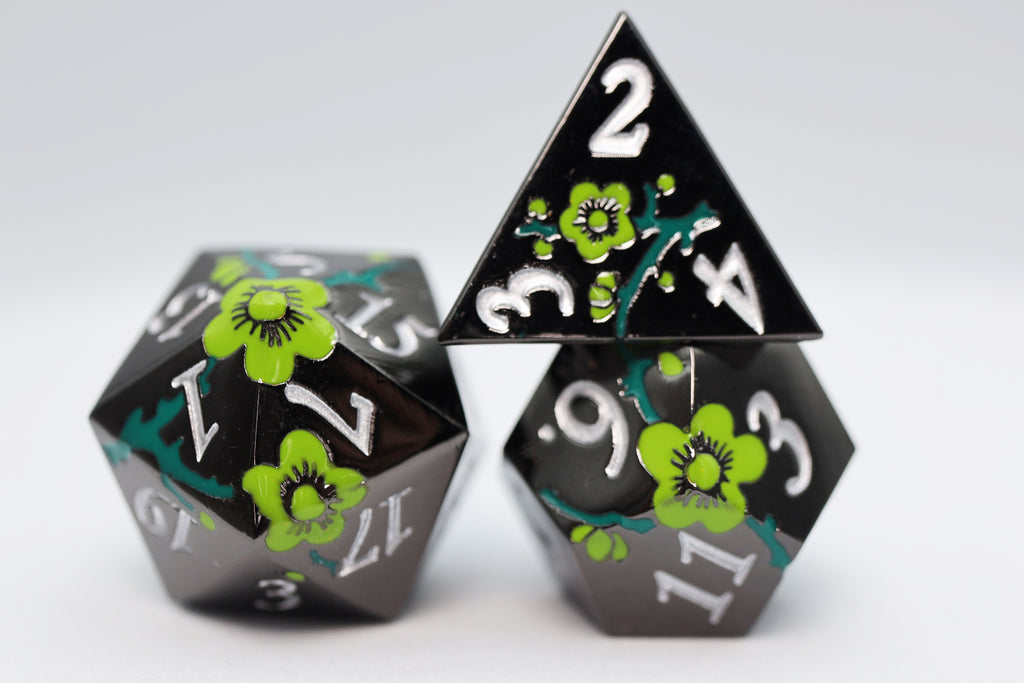 Metallic Bouquet: Black with Green Orchids - Metal RPG Dice Set Metal Dice Foam Brain Games