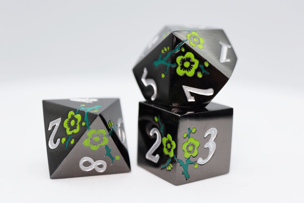 Metallic Bouquet: Dark Green Hellebore - Metal RPG Dice Set Metal Dice Foam Brain Games