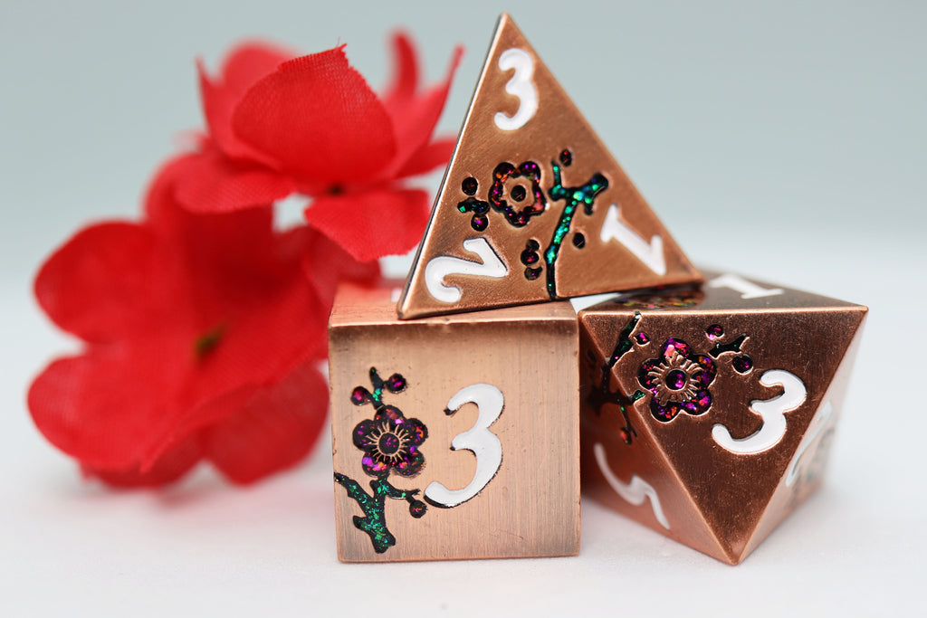 Metallic Bouquet: Copper Cherry Blossoms - Metal RPG Dice Set Metal Dice Foam Brain Games