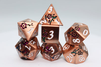 Metallic Bouquet: Copper with Red Orchids - Metal RPG Dice Set Metal Dice Foam Brain Games