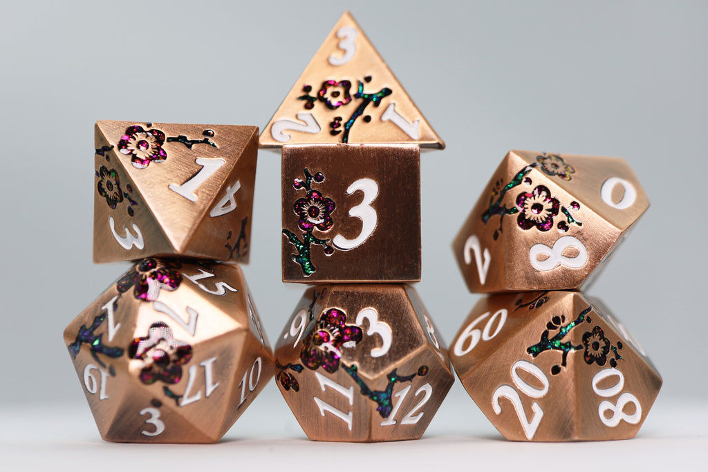 Metallic Bouquet: Copper Cherry Blossoms - Metal RPG Dice Set Metal Dice Foam Brain Games