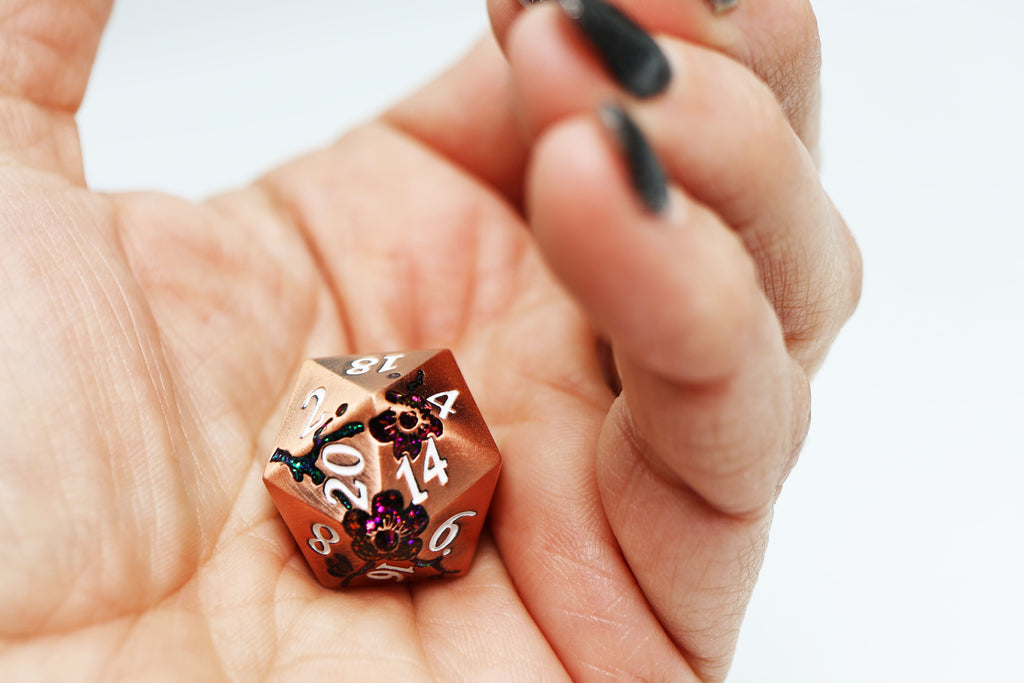 Metallic Bouquet: Copper Cherry Blossoms - Metal RPG Dice Set Metal Dice Foam Brain Games