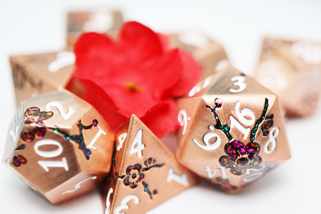 Metallic Bouquet: Copper with Red Orchids - Metal RPG Dice Set Metal Dice Foam Brain Games