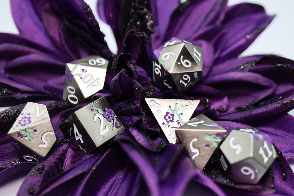 Metallic Bouquet: Silver with Purple Orchids - Metal RPG Dice Set Metal Dice Foam Brain Games