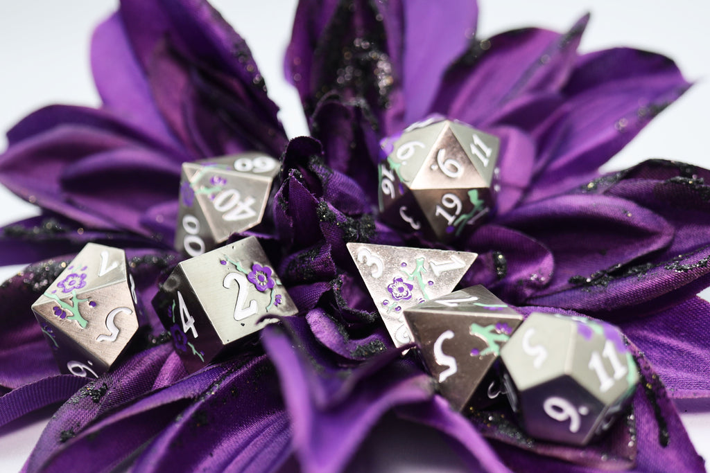 Metallic Bouquet: Silver with Purple Orchids - Metal RPG Dice Set Metal Dice Foam Brain Games