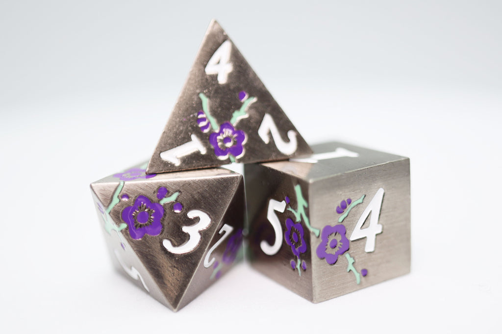 Metallic Bouquet: Silvered Jackmanii - Metal RPG Dice Set Metal Dice Foam Brain Games