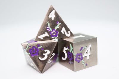 Metallic Bouquet: Silver with Purple Orchids - Metal RPG Dice Set Metal Dice Foam Brain Games