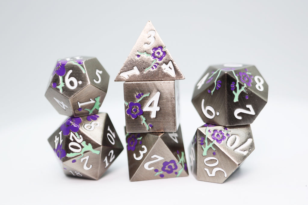 Metallic Bouquet: Silver with Purple Orchids - Metal RPG Dice Set Metal Dice Foam Brain Games