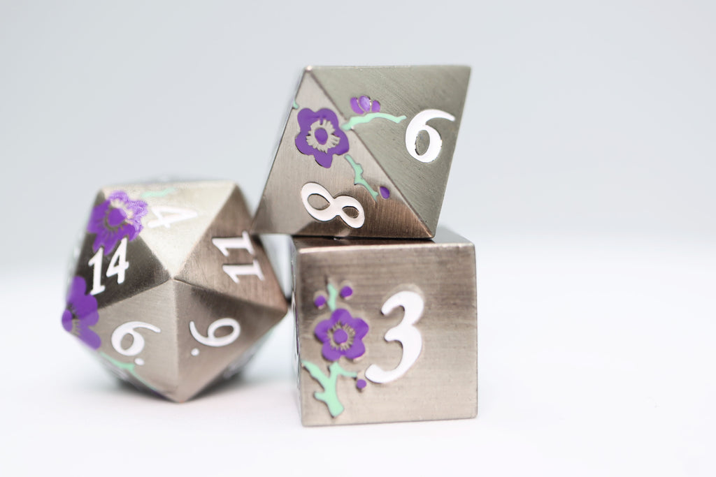 Metallic Bouquet: Silver with Purple Orchids - Metal RPG Dice Set Metal Dice Foam Brain Games