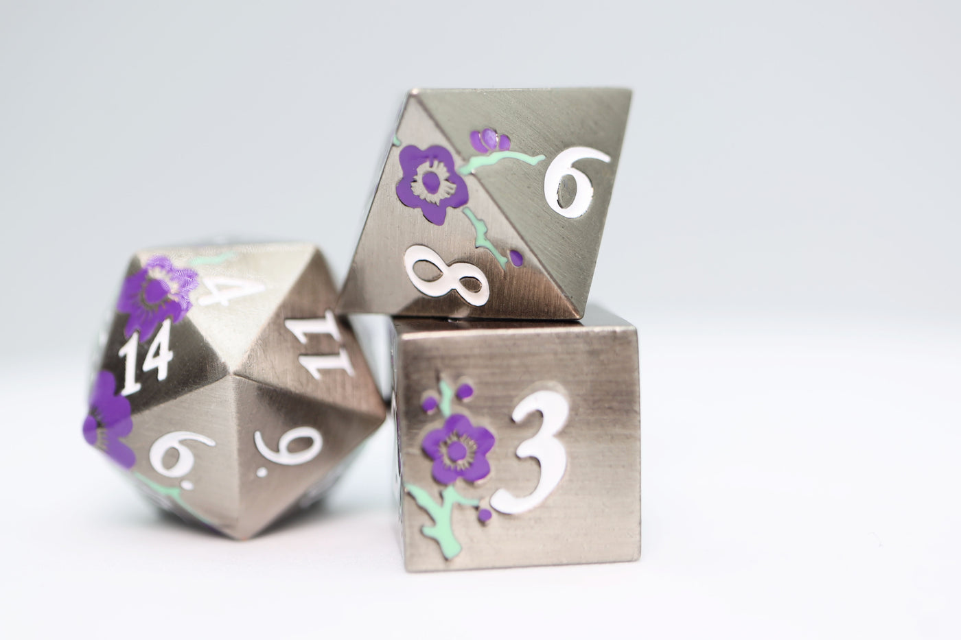 Metallic Bouquet: Silver with Purple Orchids - Metal RPG Dice Set Metal Dice Foam Brain Games