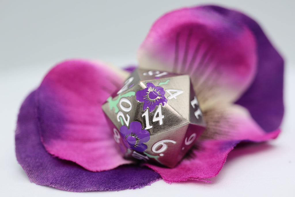 Metallic Bouquet: Silver with Purple Orchids - Metal RPG Dice Set Metal Dice Foam Brain Games