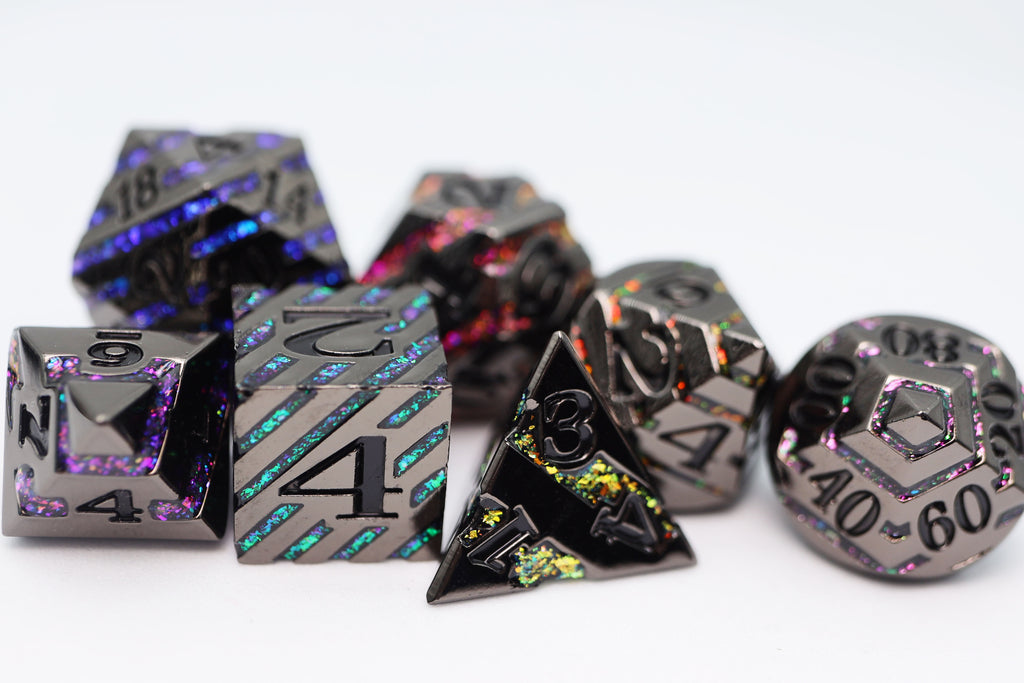 Into the Mines: Black with Rainbow Mica - Metal RPG Dice Set Metal Dice Foam Brain Games