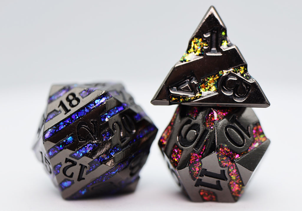 Into the Mines: Black with Rainbow Mica - Metal RPG Dice Set Metal Dice Foam Brain Games