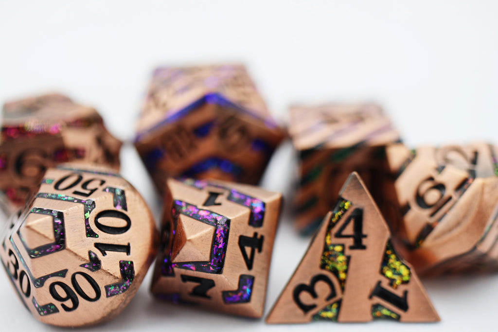 Into the Mines: Copper with Rainbow Mica - Metal RPG Dice Set Metal Dice Foam Brain Games