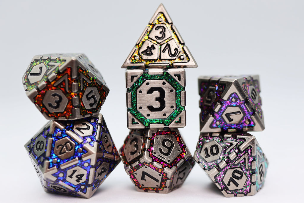 Ornate Rainbow Frame - Metal RPG Dice Set Metal Dice Foam Brain Games