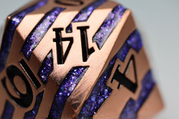 35mm Metal D20 - Copper with Purple Mica Metal Dice Foam Brain Games