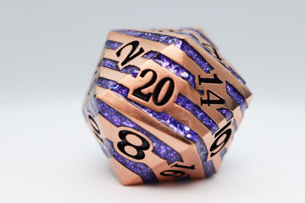 35mm Metal D20 - Copper with Purple Mica Metal Dice Foam Brain Games