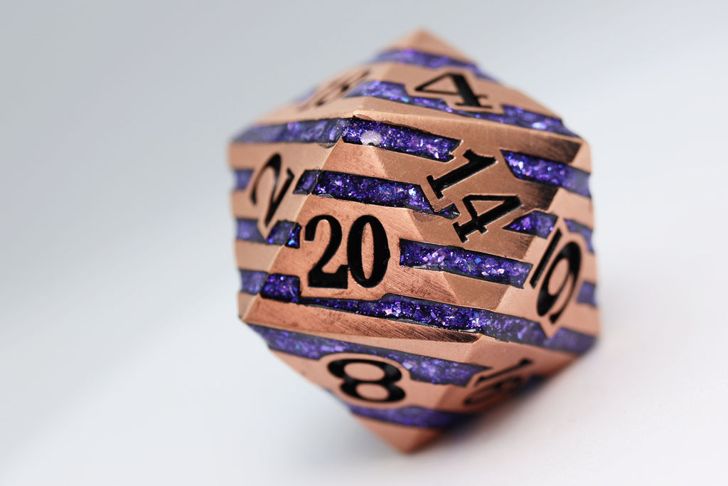 35mm Metal D20 - Copper with Purple Mica Metal Dice Foam Brain Games