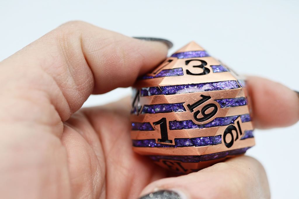 35mm Metal D20 - Copper with Purple Mica Metal Dice Foam Brain Games