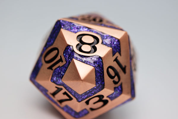 35mm Metal D20 - Copper with Purple Mica Metal Dice Foam Brain Games