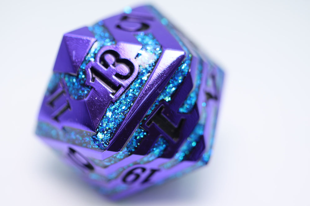 35mm Metal D20 - Purple with Blue Mica Metal Dice Foam Brain Games