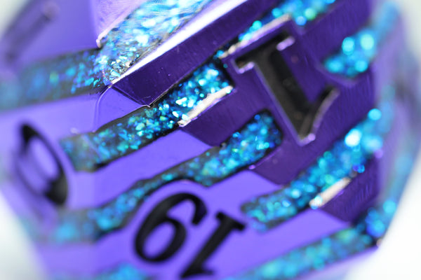 35mm Metal D20 - Purple with Blue Mica Metal Dice Foam Brain Games