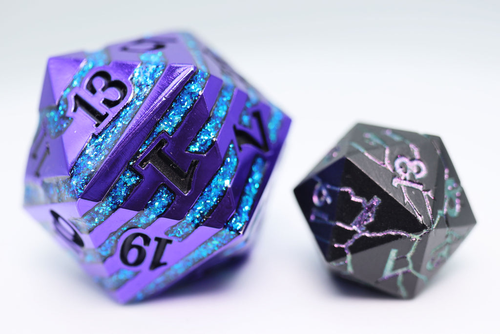 35mm Metal D20 - Purple with Blue Mica Metal Dice Foam Brain Games