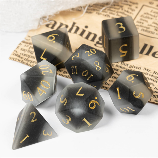 Frosted Cat's Eye Black and White - Gemstone Engraved with Gold Stone Dice Foam Brain Games