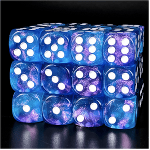 12 piece Pip D6s - Purple & Blue Glitter Plastic Dice Foam Brain Games