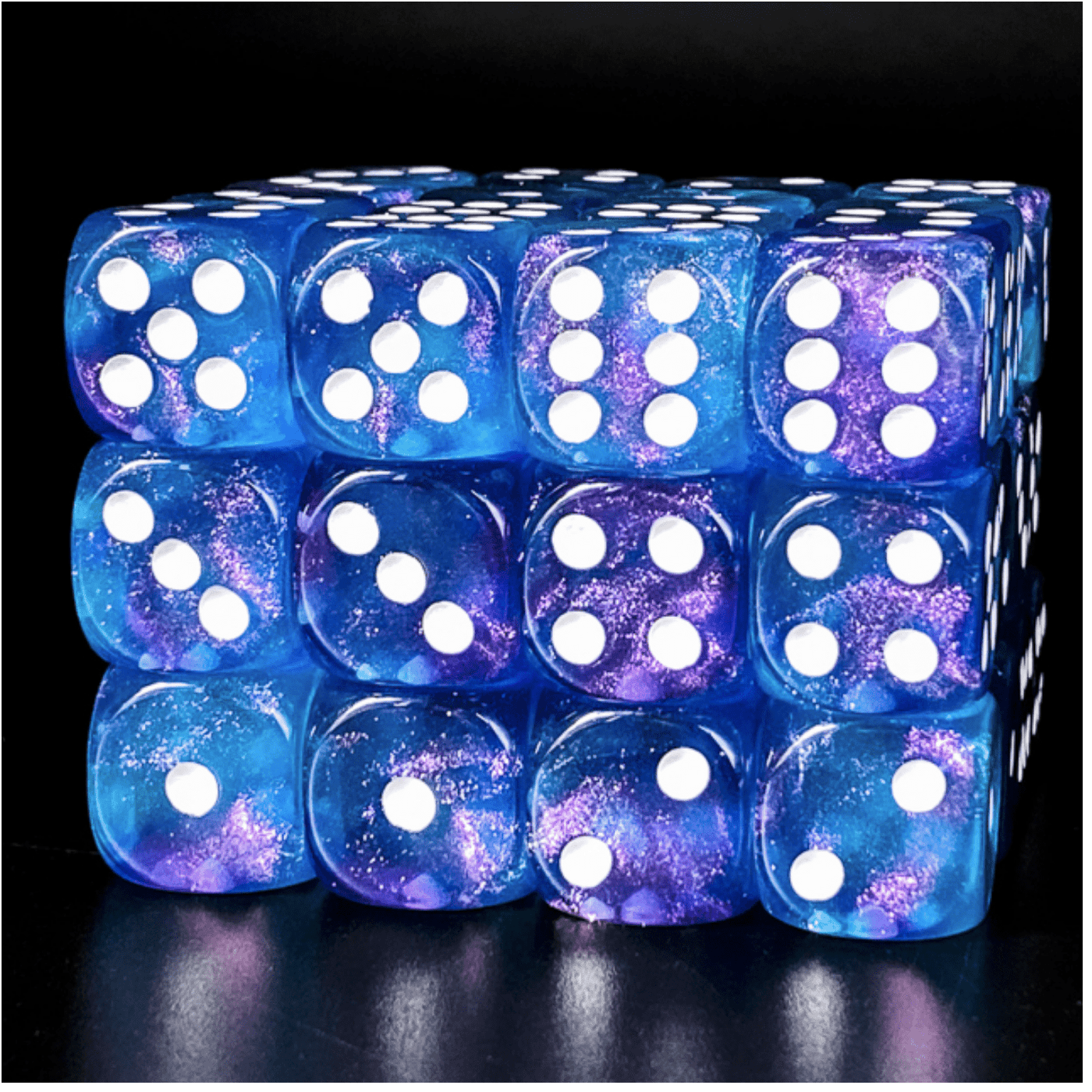 12 piece Pip D6's - Purple & Blue Glitter Plastic Dice Foam Brain Games