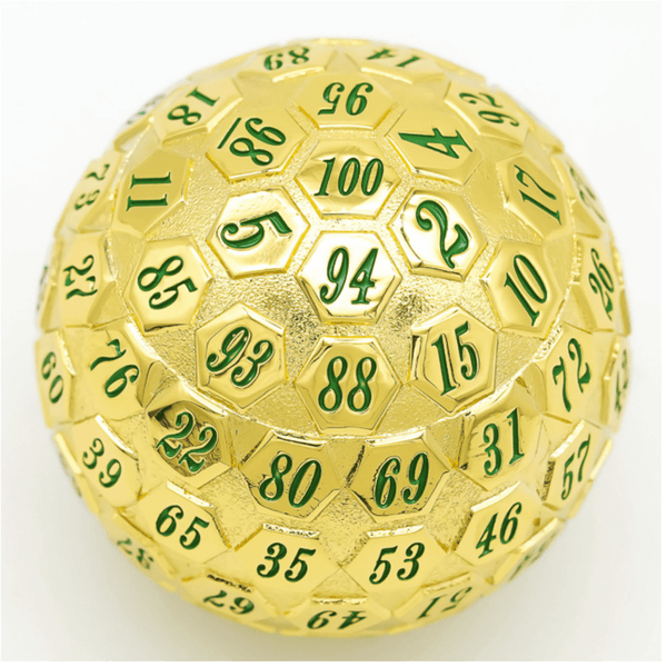 45mm Metal D100 - Gold with Green Metal Dice Foam Brain Games