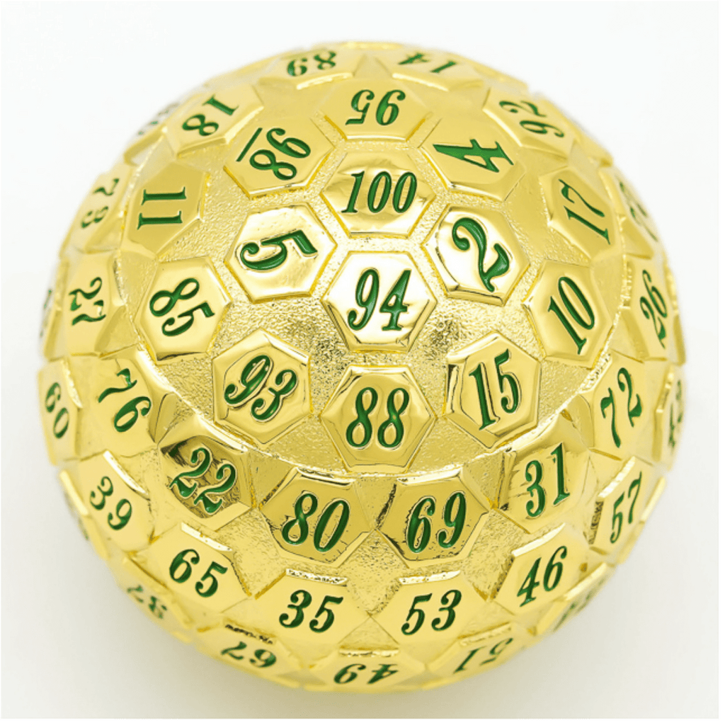 45mm Metal D100 - Gold with Green Metal Dice Foam Brain Games