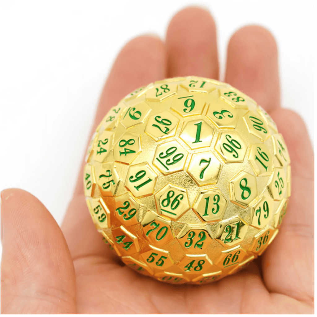 45mm Metal D100 - Gold with Green Metal Dice Foam Brain Games