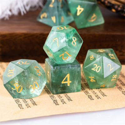 Green Amethyst Fluorite - Engraved with Gold Stone Dice Foam Brain Games