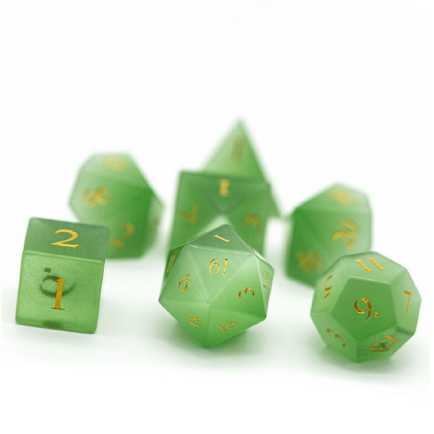Cat's Eye Green - Gemstone Engraved with Gold Stone Dice Foam Brain Games