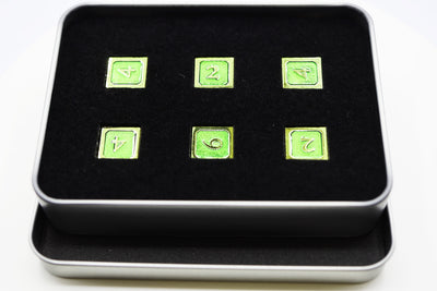 6 piece Metal D6's - Green and Gold Metal Dice Foam Brain Games