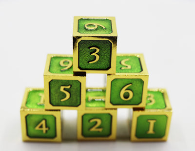 6 piece Metal D6's - Green and Gold Metal Dice Foam Brain Games