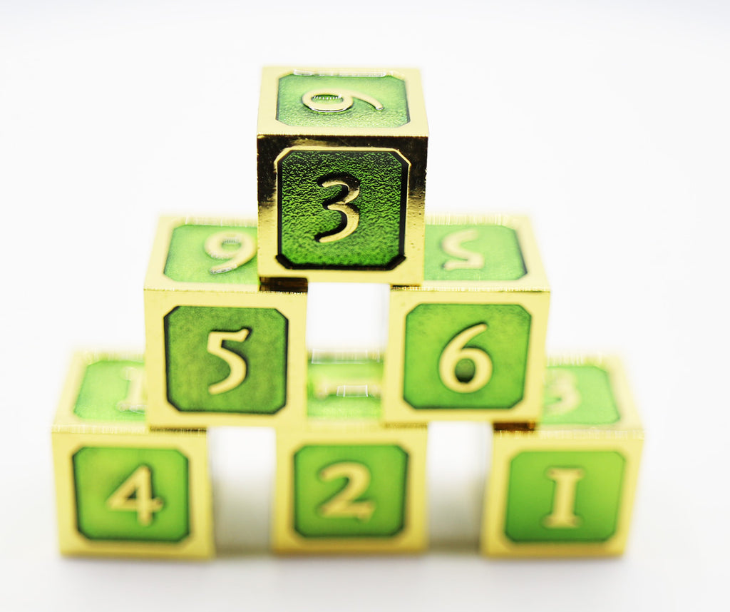 6 piece Metal D6's - Green and Gold Metal Dice Foam Brain Games