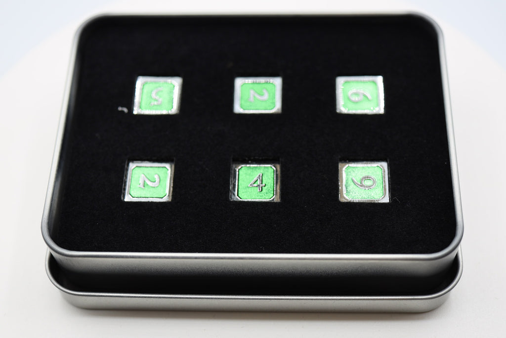 6 piece Metal D6s - Green and Silver Metal Dice Foam Brain Games