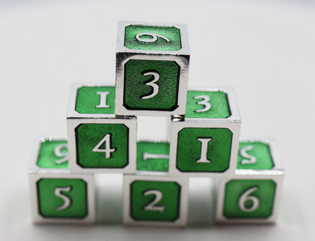 6 piece Metal D6's - Green and Silver Metal Dice Foam Brain Games